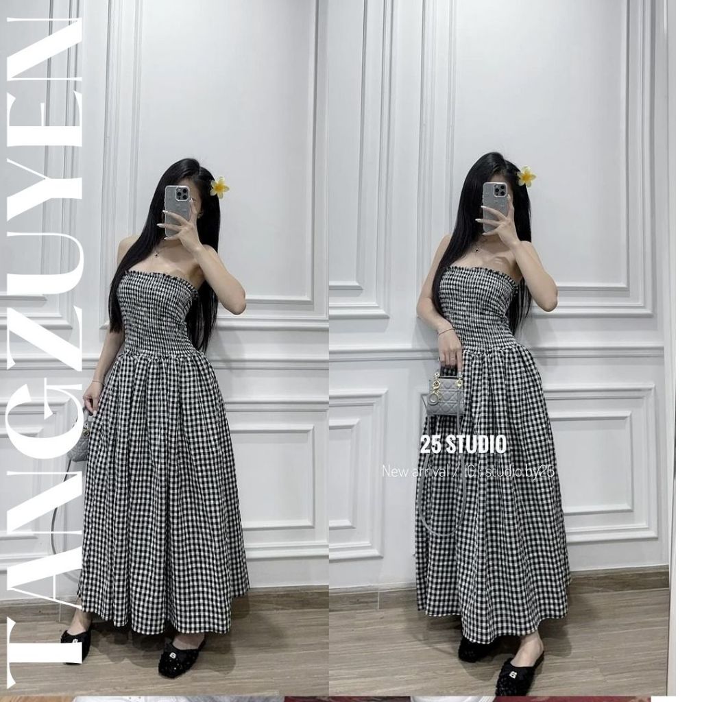 Váy quây dáng dài maxi kẻ caro chun ngực viền bèo Đầm nữ cúp ngực vintage dáng xòe retro đi biển nữ tính T221G MONOKA
