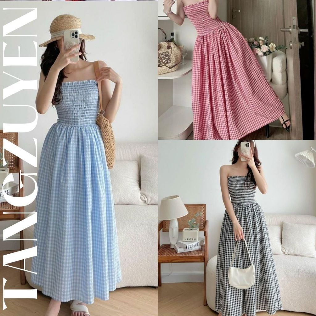 Váy quây dáng dài maxi kẻ caro chun ngực viền bèo Đầm nữ cúp ngực vintage dáng xòe retro đi biển nữ tính T221G MONOKA