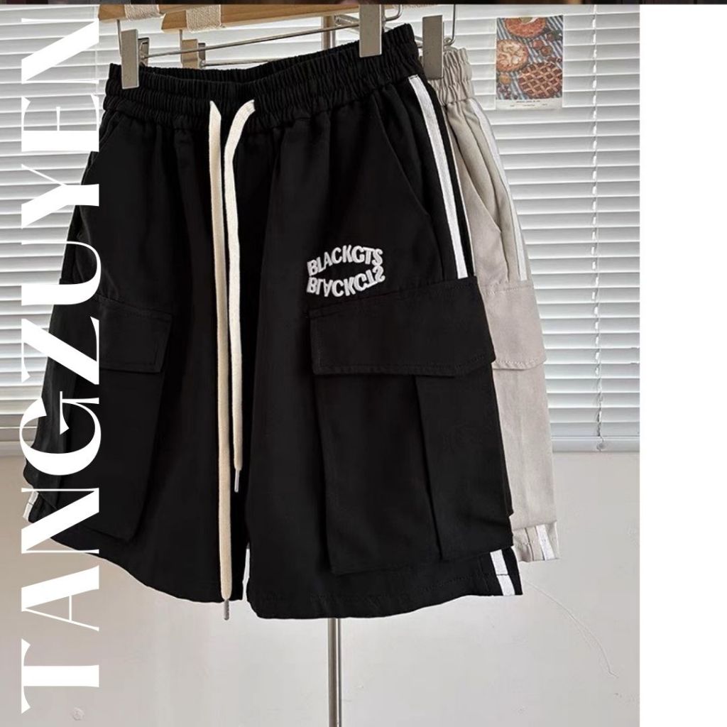 Quần short ngố ống rộng túi hộp 2 sọc túi hộp dây rút cạp chun thêu chữ BLACKGTS Quần sooc lửng đùi ngắn T387G MONOKA