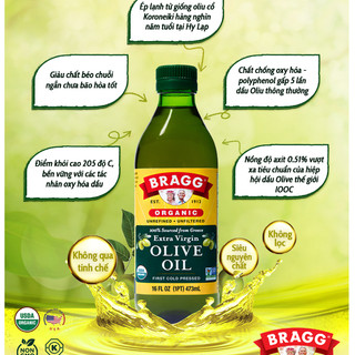 Dầu oliu hữu cơ ép lạnh Bragg 473ml, dầu oliu nguyên chất