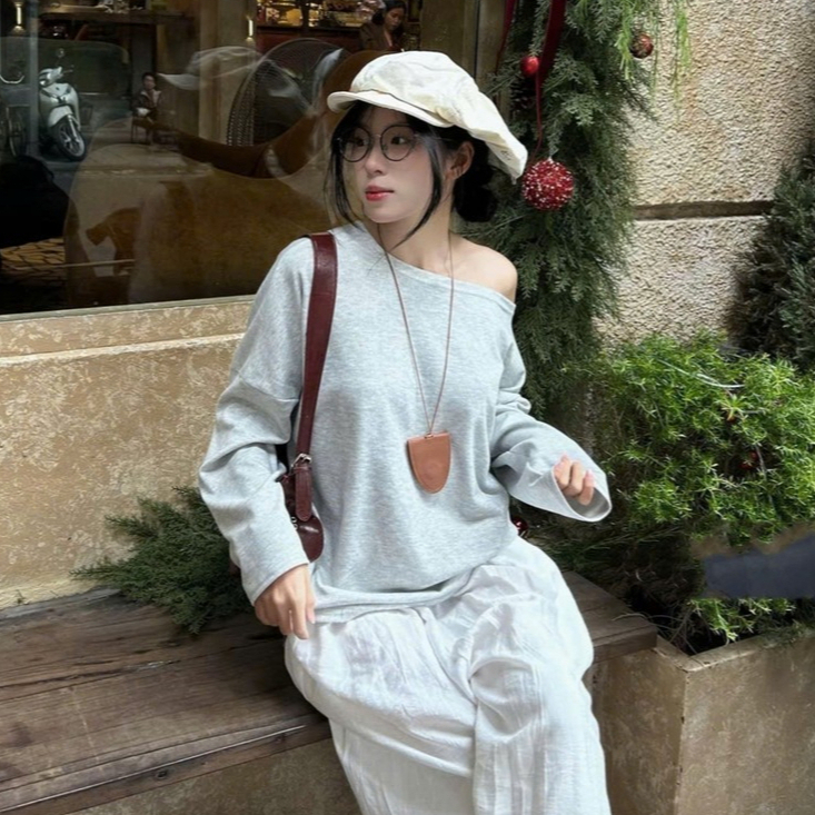 Áo Thun Trễ Vai Freesize, Áo Dài Tay Nữ Lệch Vai Dáng Rộng Chất Liệu ...