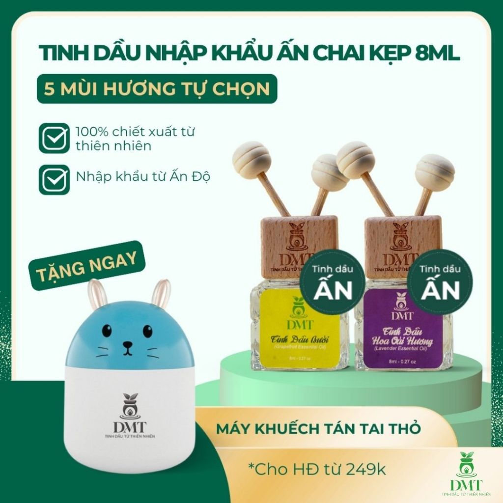 Tinh dầu kẹp cửa gió xe ô tô nhập khẩu Ấn DMT - tinh dầu thiên nhiên khử mùi, giảm say xe - 8ml