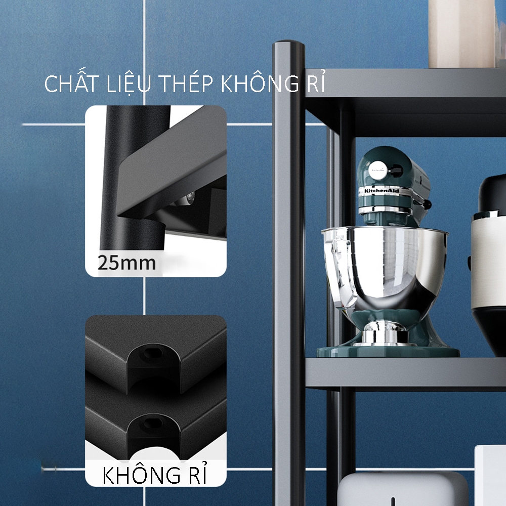Kệ để đồ thép chống gỉ phủ lớp sơn đen, kệ nhà bếp đa năng có bánh xe, đựng đồ lò nướng chịu tải tốt