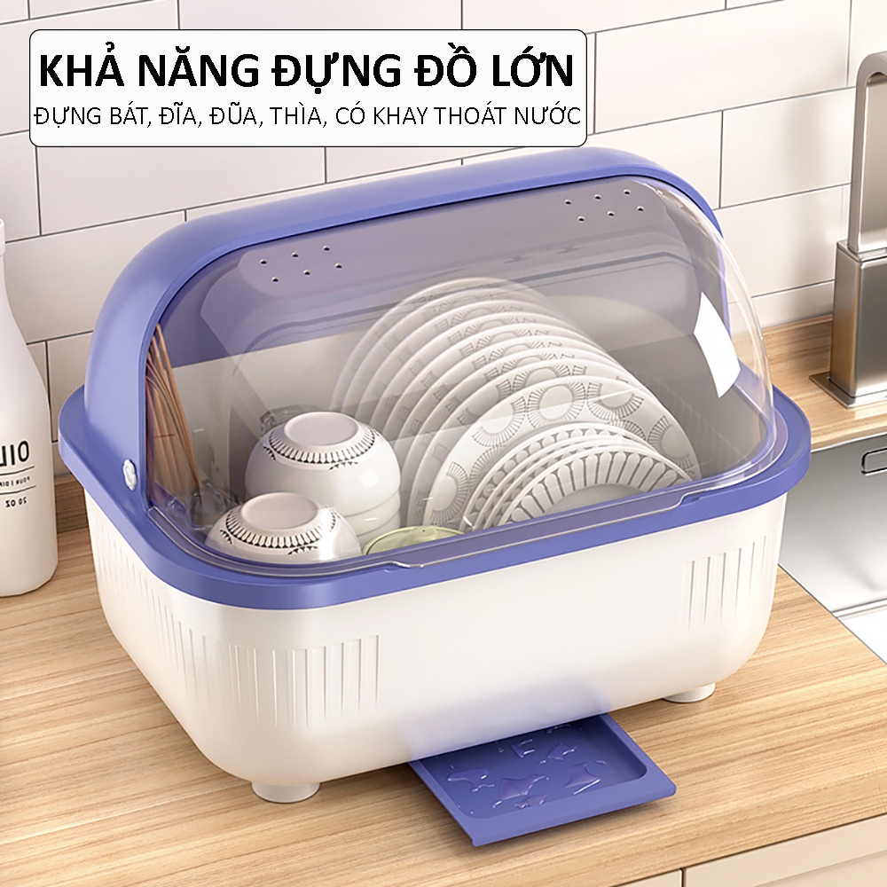 Hộp đựng bát đĩa có nắp, hộp đựng đồ bát đĩa có khay đựng thoát nước, chất liệu nhựa cao cấp, an toàn dễ sử dụng