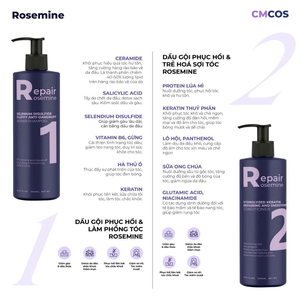 Ảnh Dầu gội xả phục hồi làm phồng tóc ngăn ngừa tóc gãy rụng Rosemine Repair 500ML - 1000ML 2