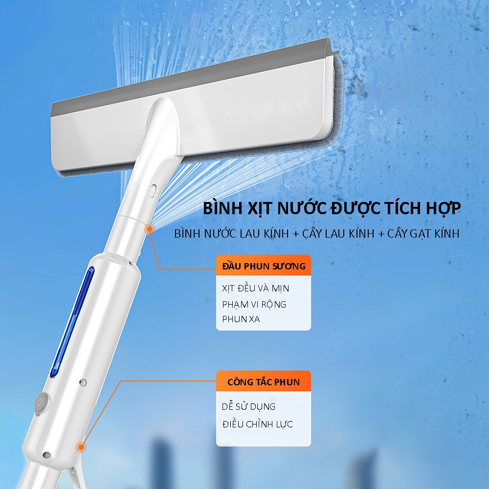 Cây lau kính 3 trong 1, có phun sương, gạt nước, tay cầm bằng thép không rỉ sơn tĩnh điện đầu lau silicol