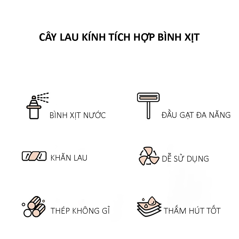 Cây lau kính 3 trong 1, có phun sương, gạt nước, tay cầm bằng thép không rỉ sơn tĩnh điện đầu lau silicol