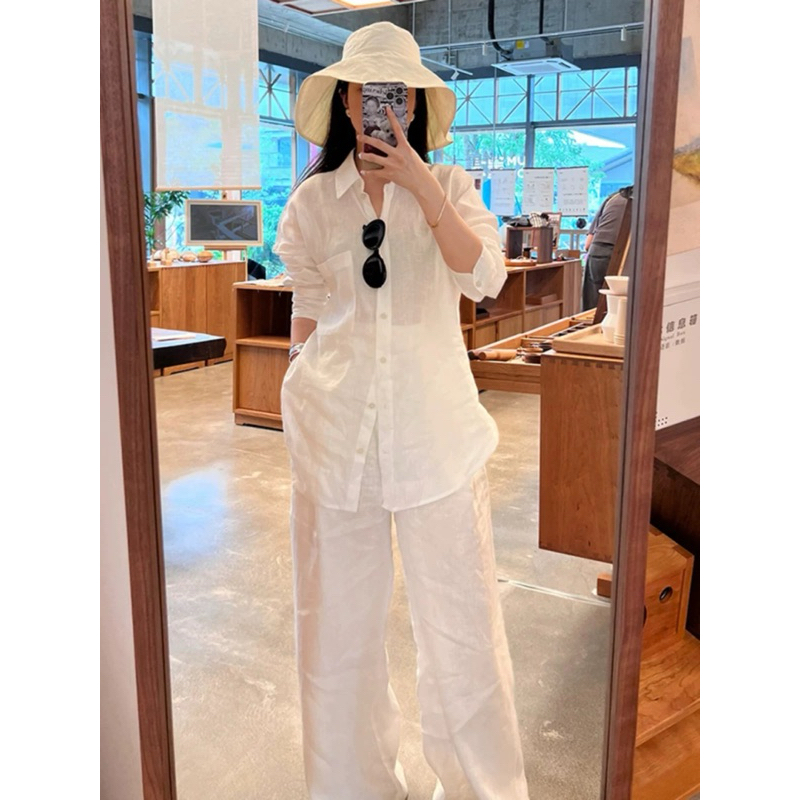 SET LINEN TRẮNG ÁO SƠ MI MIX QUẦN QUẦN DÀI LƯNG CAO ỐNG RỘNG BASIC PHONG CÁCH MÙA HÈ THOẢI MÁI SIÊU XINH | BigBuy360 - bigbuy360.vn