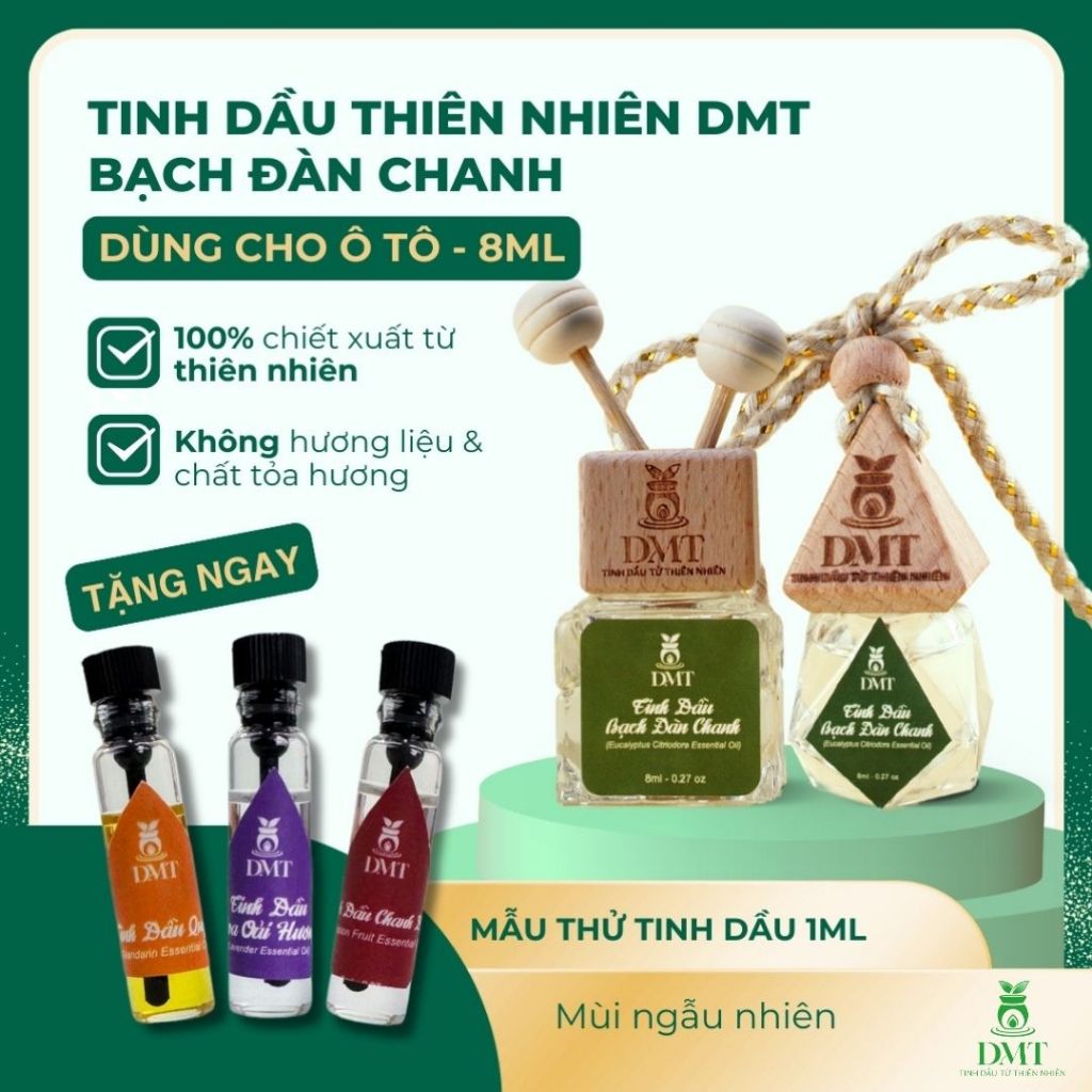 Tinh dầu Bạch đàn chanh treo xe và kẹp cửa gió oto DMT - tinh dầu bạch đàn chanh nguyên chất 8ml