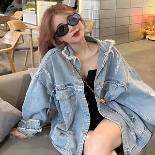 Áo Khoác Jeans Nữ phối tua rua dáng rộng chất demin xịn kiểu dáng mới phong cách cá tính Hàn Quốc