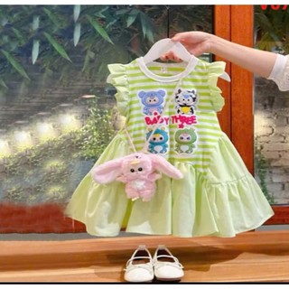 V18 Váy bé gái in hình baby three 2 màu xanh lá- vàng lạ mắt,Đầm bé gái xinh xắn size 10-30kg