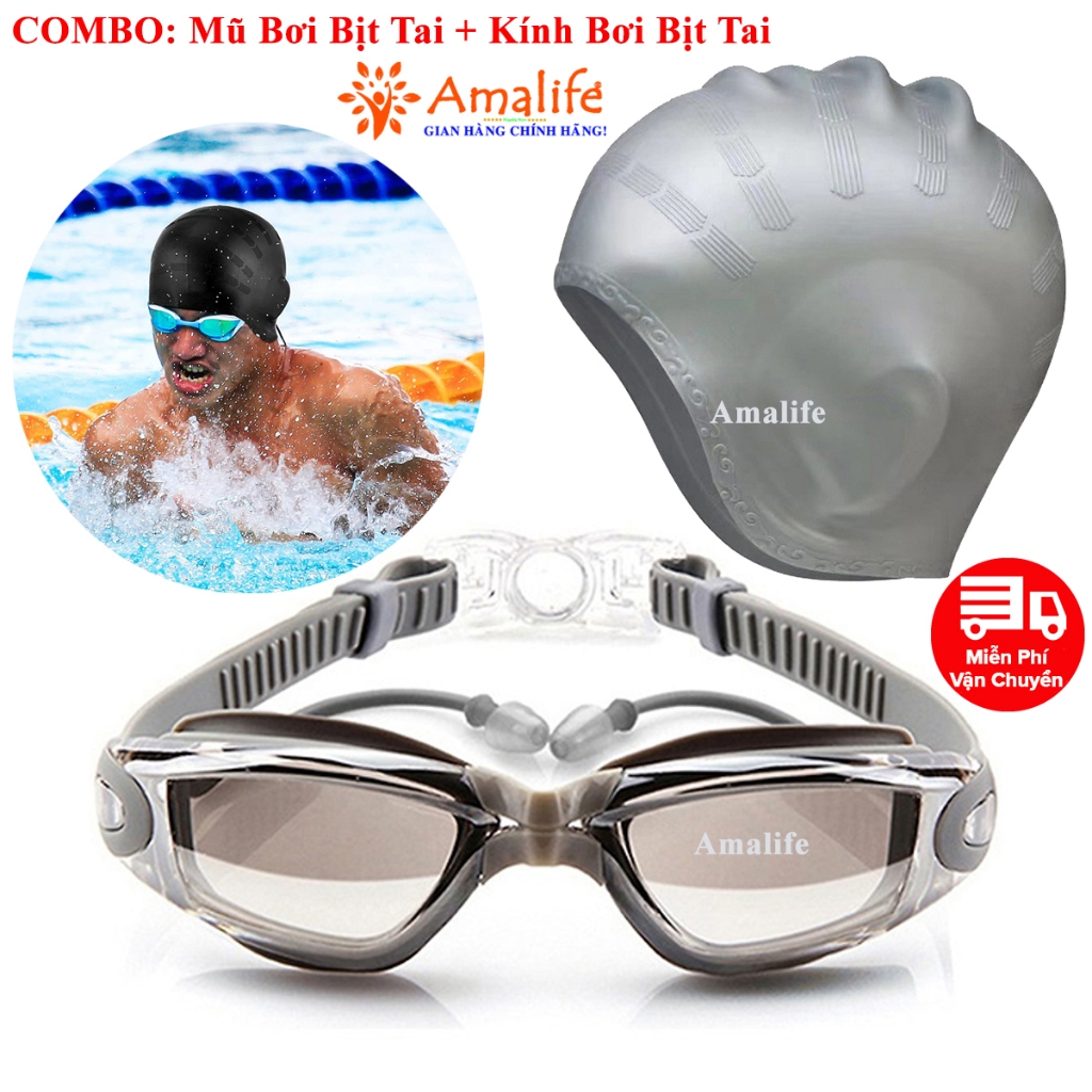 Ảnh Combo Mũ Bơi Silicone Bịt Tai + Kính Bơi Bịt Tai Chống UV Cùng Màu, Mũ Bơi Bịt Tai silicon Kính Bơi Bịt Tai Hãng Amalife 1