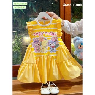 V18 Váy bé gái in hình baby three 2 màu xanh lá- vàng lạ mắt,Đầm bé gái xinh xắn size 10-30kg