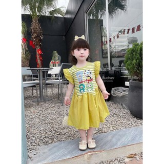 V18 Váy bé gái in hình baby three 2 màu xanh lá- vàng lạ mắt,Đầm bé gái xinh xắn size 10-30kg