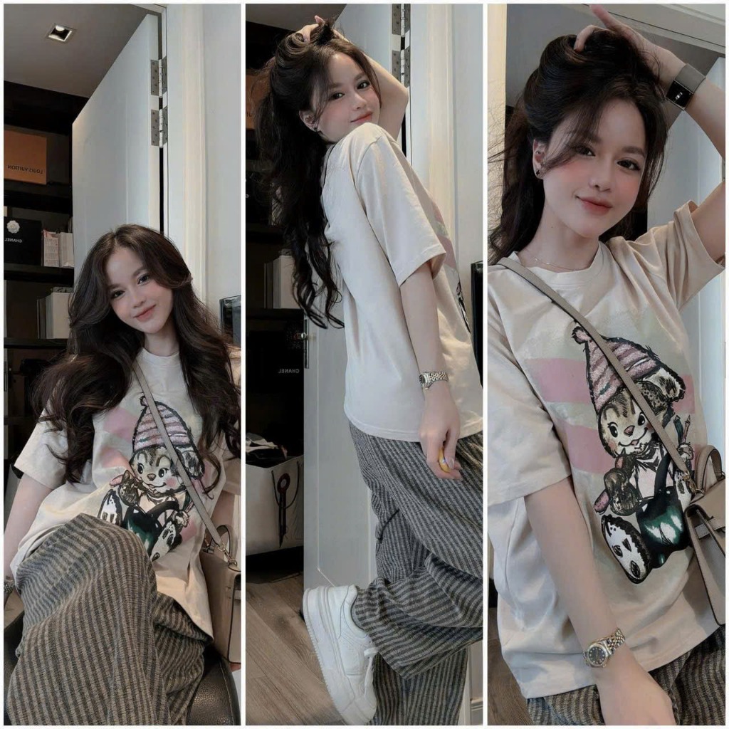 2026. [ MŨ HỒNG IN] Sét áo tay cộc thun cotton+ quần baggy dạ kẻ. Đủ size SMLXL 40kg- 68kg