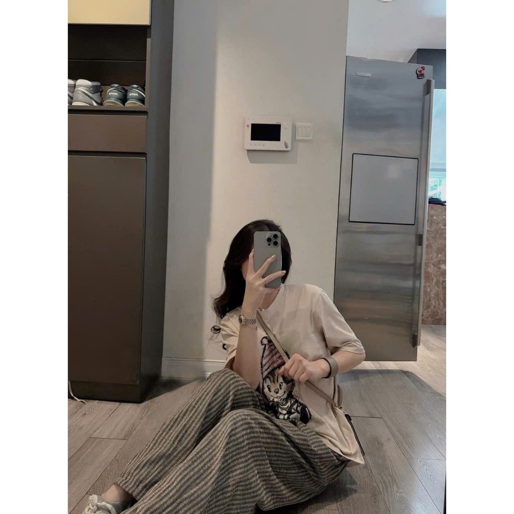 2026. [ MŨ HỒNG IN] Sét áo tay cộc thun cotton+ quần baggy dạ kẻ. Đủ size SMLXL 40kg- 68kg