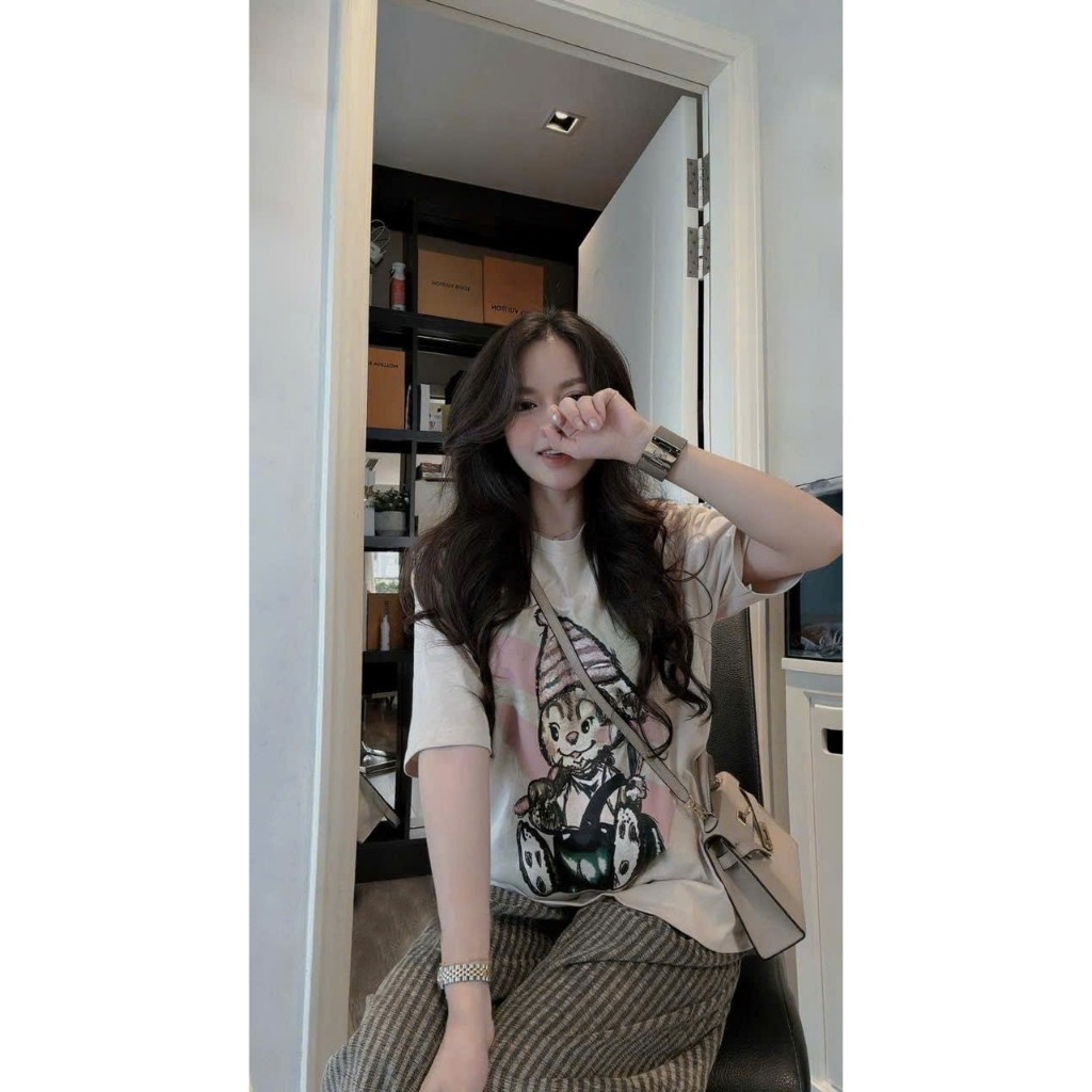 2026. [ MŨ HỒNG IN] Sét áo tay cộc thun cotton+ quần baggy dạ kẻ. Đủ size SMLXL 40kg- 68kg