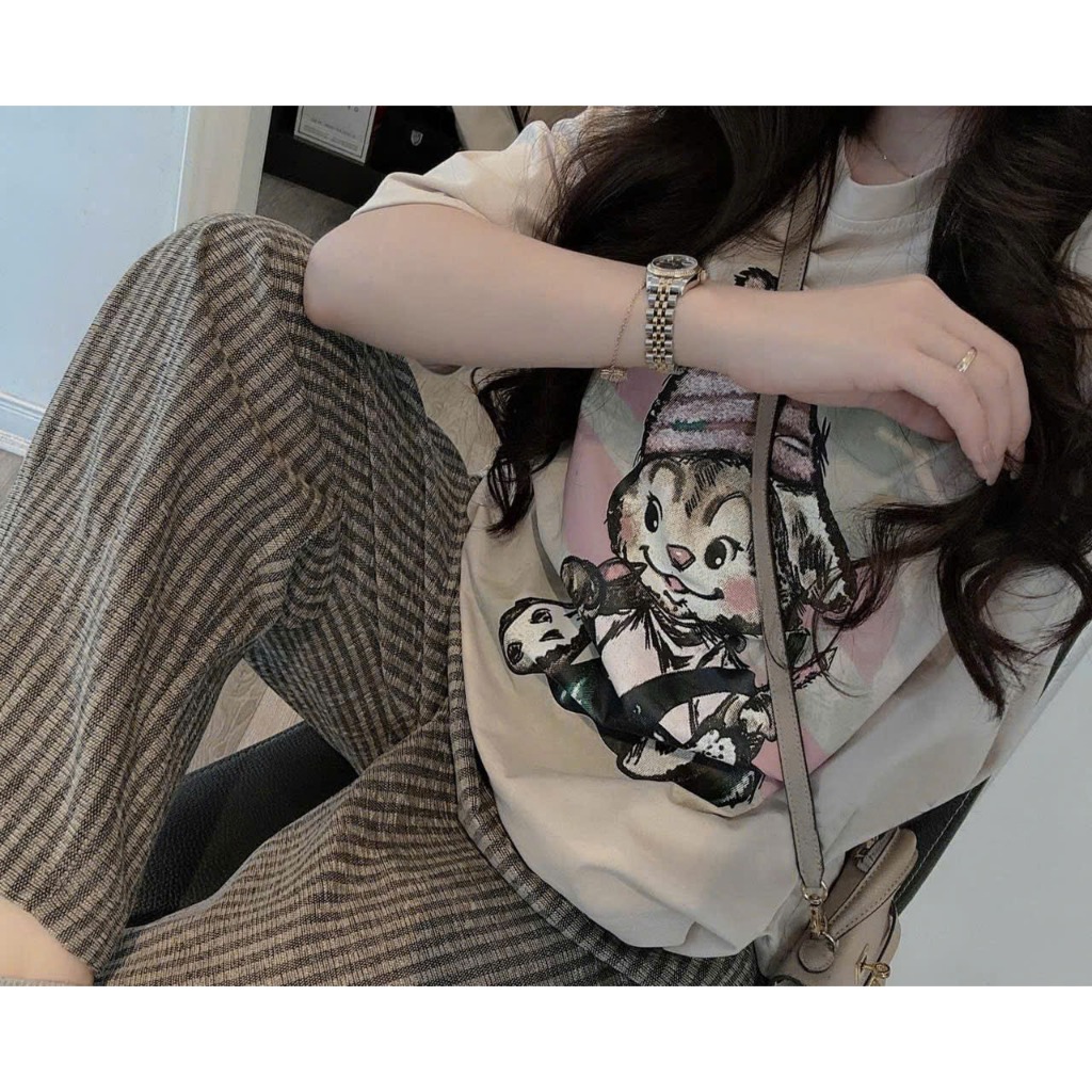 2026. [ MŨ HỒNG IN] Sét áo tay cộc thun cotton+ quần baggy dạ kẻ. Đủ size SMLXL 40kg- 68kg