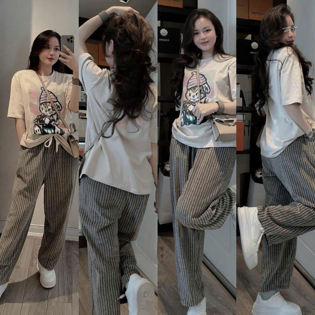 2026. [ MŨ HỒNG IN] Sét áo tay cộc thun cotton+ quần baggy dạ kẻ. Đủ size SMLXL 40kg- 68kg