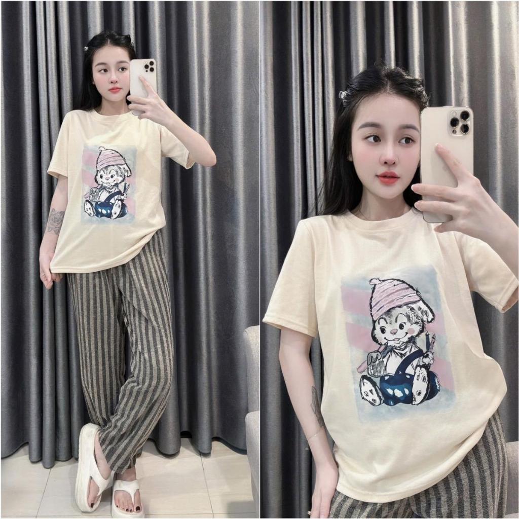 2026. [ MŨ HỒNG IN] Sét áo tay cộc thun cotton+ quần baggy dạ kẻ. Đủ size SMLXL 40kg- 68kg