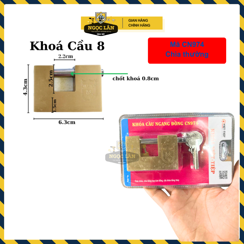 Khóa cầu ngang Việt Tiệp  đồng hàng chuẩn ống phi 8mm,10mm,12mm khóa cổng, cửa chính an toàn bền bỉ