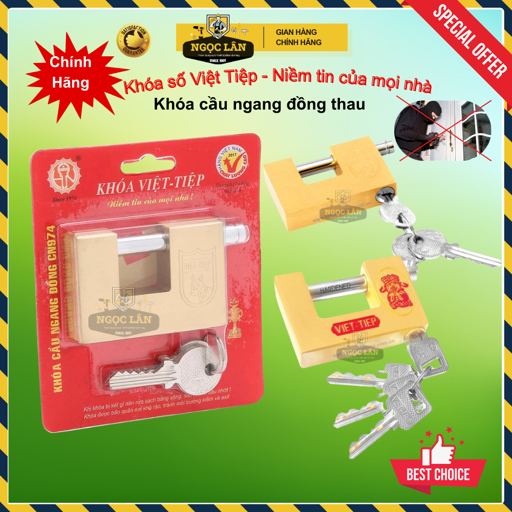 Khóa cầu ngang Việt Tiệp  đồng hàng chuẩn ống phi 8mm,10mm,12mm khóa cổng, cửa chính an toàn bền bỉ