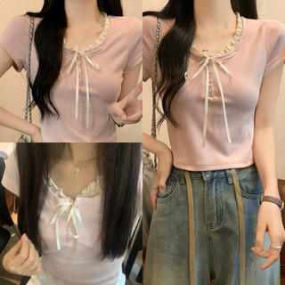 Áo thun kiểu phối ren cổ cột nơ công chúa màu hồng siêu xinh VANISA CT147