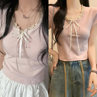 Áo thun kiểu phối ren màu hồng cổ cột nơ công chúa siêu xinh VANISA CT147