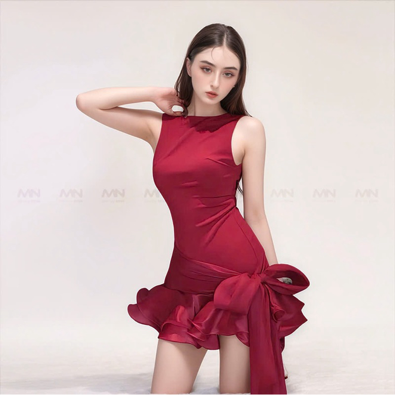 Ảnh Đầm đỏ đô dự tiệc MINA hở lưng dáng xoè ngắn chất Cotton Nhật phối Lụa MN302 1