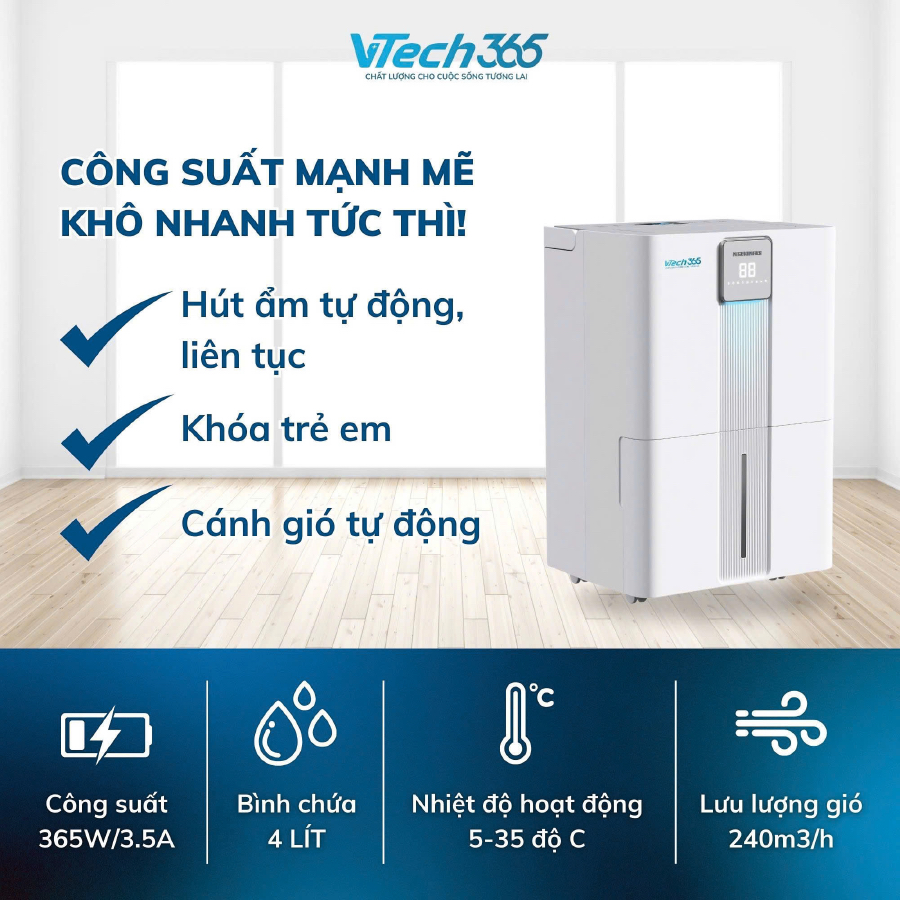 Máy Hút Ẩm Không Khí VTech365 HA350, Ion diệt khuẩn có Wifi công suất lớn, Sấy Quần Áo phòng 60m2