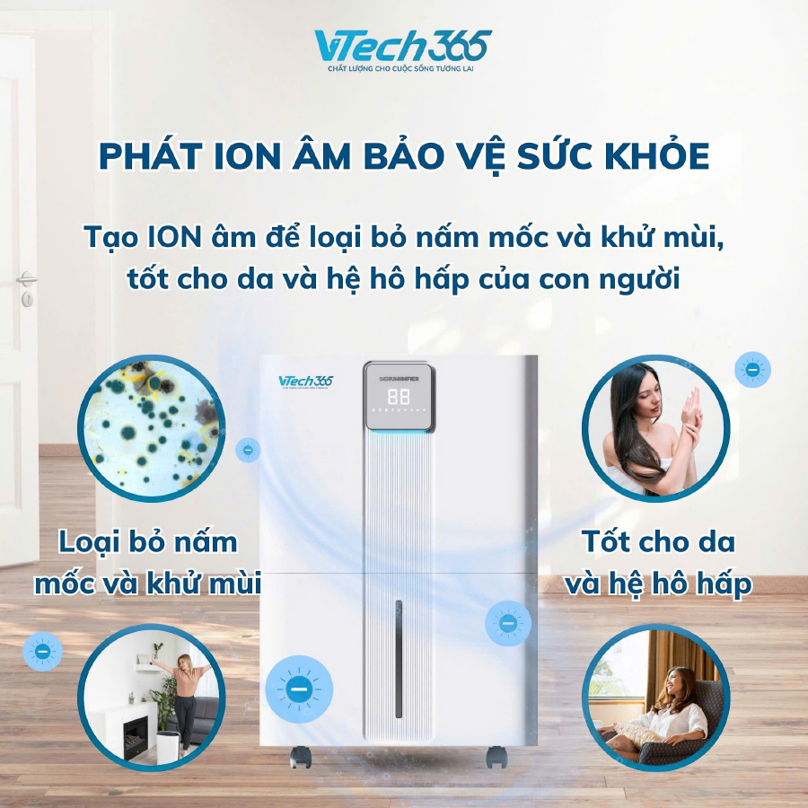 Máy Hút Ẩm Không Khí VTech365 HA350, Ion diệt khuẩn có Wifi công suất lớn, Sấy Quần Áo phòng 60m2