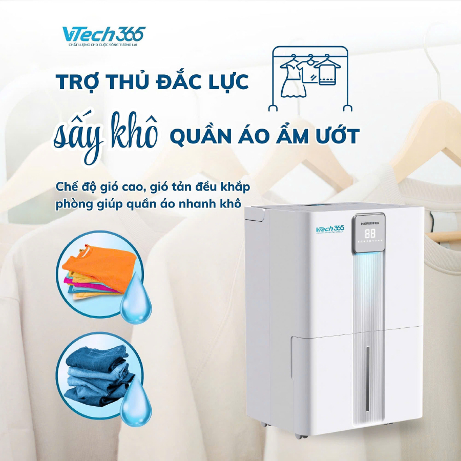 Máy Hút Ẩm Không Khí VTech365 HA350, Ion diệt khuẩn có Wifi công suất lớn, Sấy Quần Áo phòng 60m2