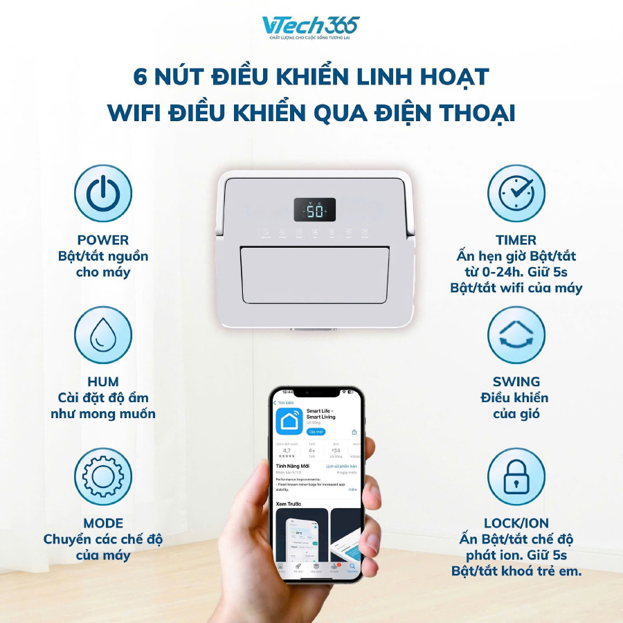 Máy Hút Ẩm Không Khí VTech365 HA350, Ion diệt khuẩn có Wifi công suất lớn, Sấy Quần Áo phòng 60m2