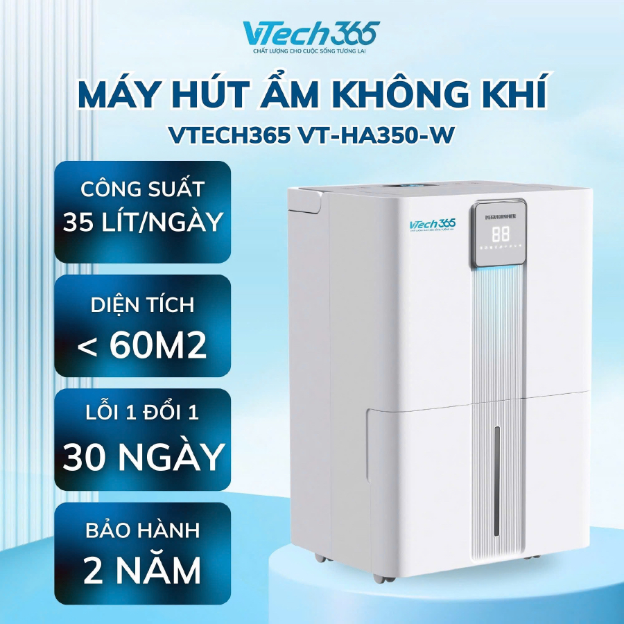 Máy Hút Ẩm Không Khí VTech365 HA350, Ion diệt khuẩn có Wifi công suất lớn, Sấy Quần Áo phòng 60m2