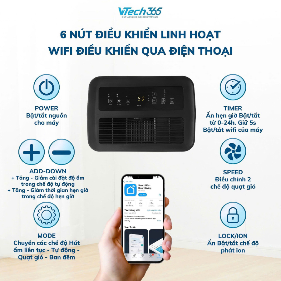 Máy Hút Ẩm Không Khí VTech365 HA500, Ion diệt khuẩn có Wifi, công suất lớn, Sấy Quần Áo phòng 100m2