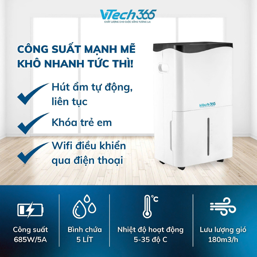 Máy Hút Ẩm Không Khí VTech365 HA500, Ion diệt khuẩn có Wifi, công suất lớn, Sấy Quần Áo phòng 100m2