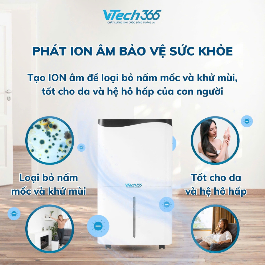 Máy Hút Ẩm Không Khí VTech365 HA500, Ion diệt khuẩn có Wifi, công suất lớn, Sấy Quần Áo phòng 100m2