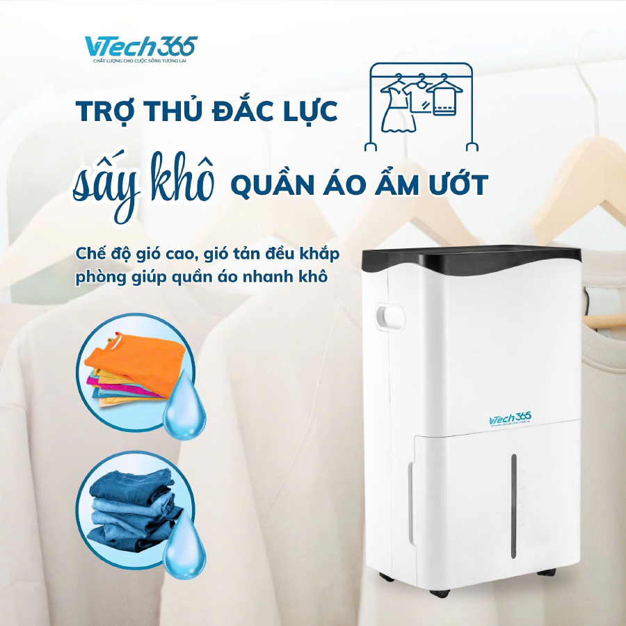 Máy Hút Ẩm Không Khí VTech365 HA500, Ion diệt khuẩn có Wifi, công suất lớn, Sấy Quần Áo phòng 100m2