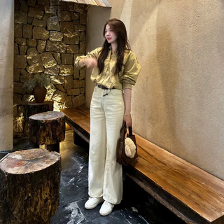 (ẢNH OLDSCHOOL) Quần jeans suông mềm be kem dáng đứng #7433