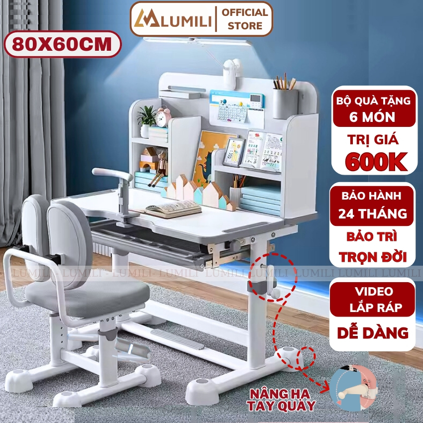 bàn học cho bé LUMILI R22+ PREMIUM, bàn ghế học sinh nâng hạ tay quay, bàn học chống gù chống cận kích thước 80cm