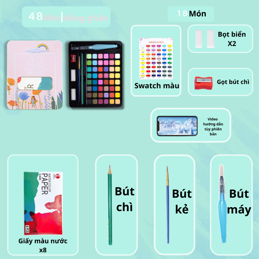 [Cào là có quà]Màu Nước Solid Water Color 12/18/24/36/48 Màu Cao Cấp,kèm 2 Bút Nước, 2 Mút 1 Palette Màu tươi