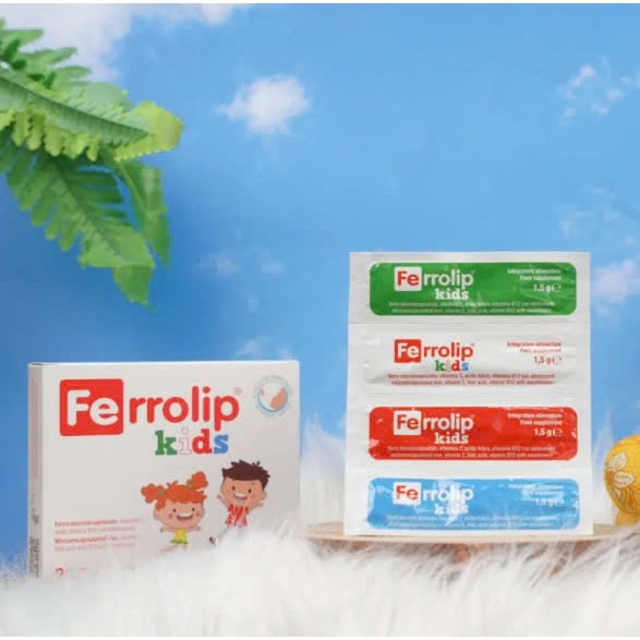 Sắt ferrolip kids sinh học Bổ Sung Sắt Dạng Liposome Vitamin Dễ Hấp Thu Không Tanh Vị Dâu Hộp 20 Gói