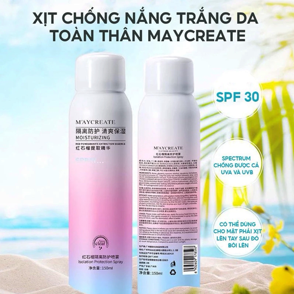 Xịt Chống Nắng Maycreate 150ml, Kem Chống Nắng Trắng Da Toàn Thân, Xịt Chống Nắng Trắng Da Mặt Nâng Tone Kiềm Dầu