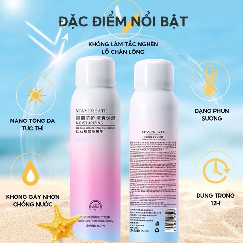 Xịt Chống Nắng Maycreate 150ml, Kem Chống Nắng Trắng Da Toàn Thân, Xịt Chống Nắng Trắng Da Mặt Nâng Tone Kiềm Dầu