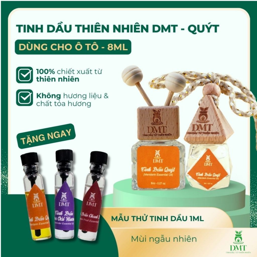 Tinh dầu vỏ quýt treo xe và kẹp cửa gió ô tô DMT - tinh dầu quýt nguyên chất, giảm say xe 8ml