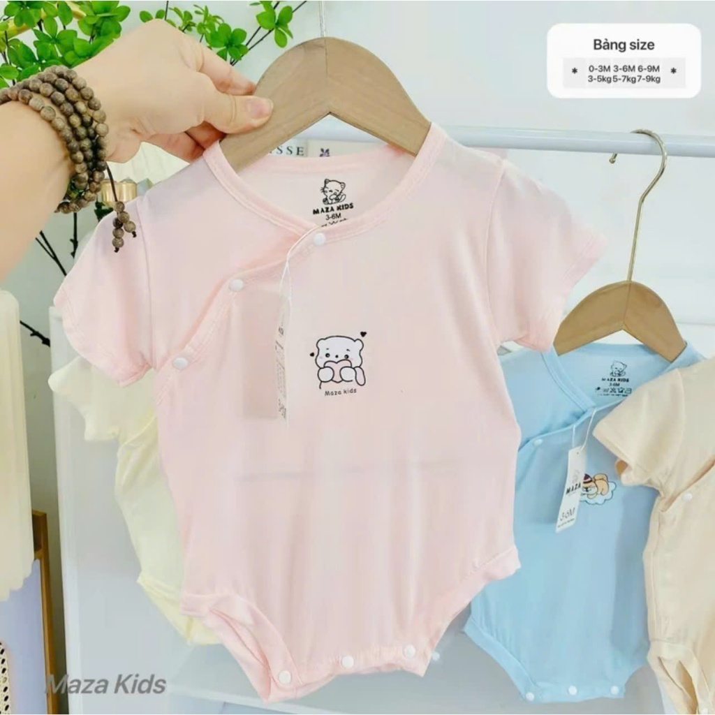 [Mềm-Mịn-Mát] Bộ liền thân bodychip cộc Maza màu trơn khuy bấm sườn cho bé 0-9 tháng MZ03 - 3sbaby