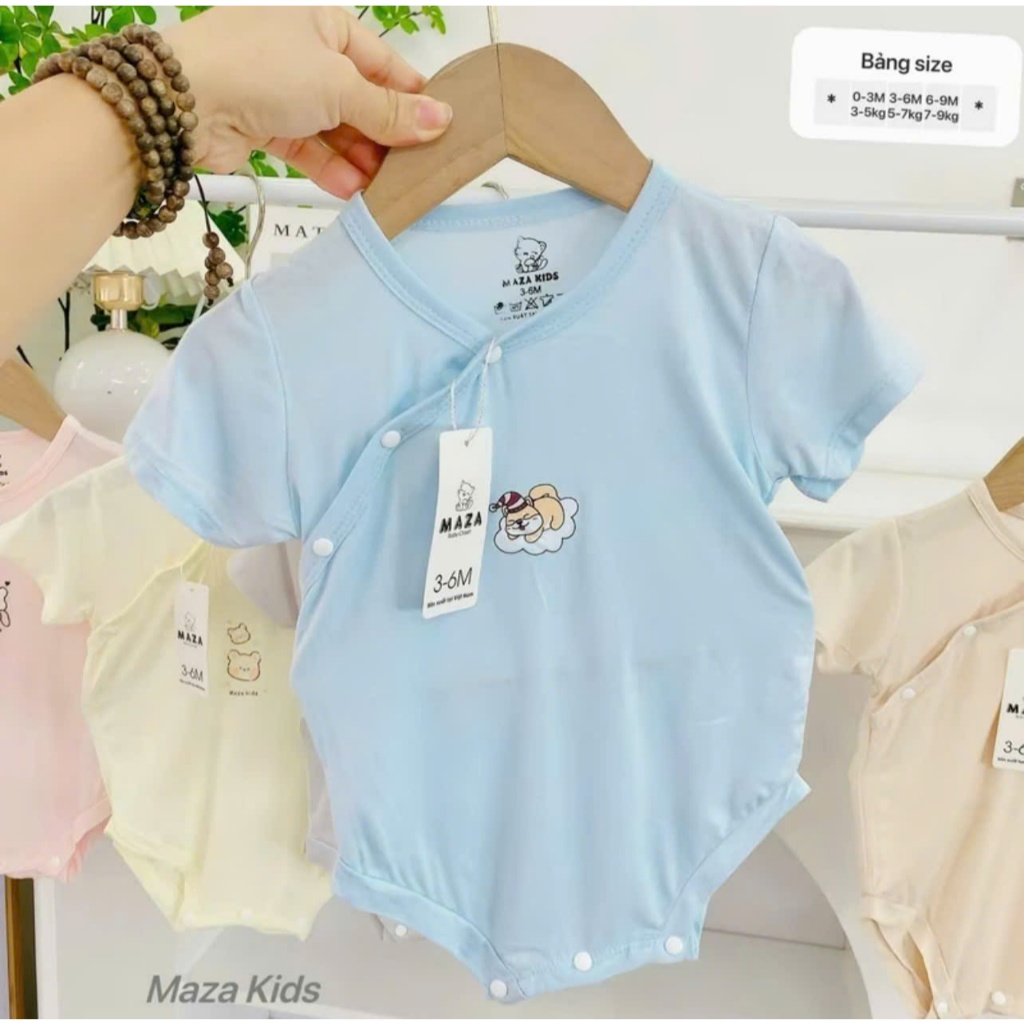 [Mềm-Mịn-Mát] Bộ liền thân bodychip cộc Maza màu trơn khuy bấm sườn cho bé 0-9 tháng MZ03 - 3sbaby