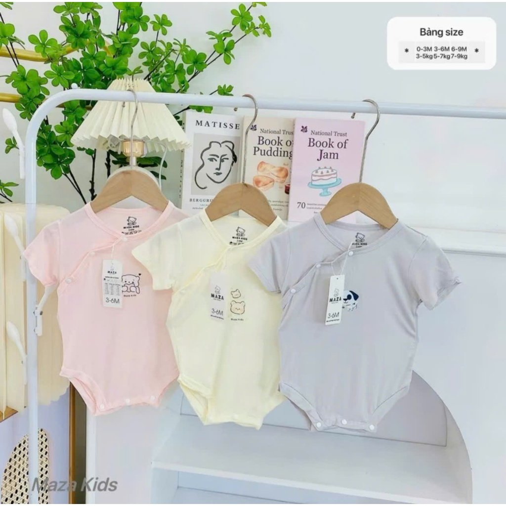 [Mềm-Mịn-Mát] Bộ liền thân bodychip cộc Maza màu trơn khuy bấm sườn cho bé 0-9 tháng MZ03 - 3sbaby