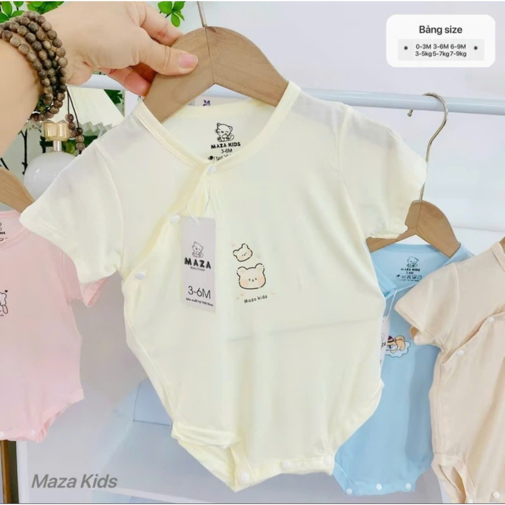 [Mềm-Mịn-Mát] Bộ liền thân bodychip cộc Maza màu trơn khuy bấm sườn cho bé 0-9 tháng MZ03 - 3sbaby