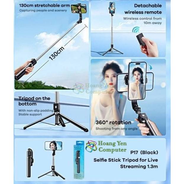 Gậy Tự Sướng Siêu Dài Remax P17 Kiêm Tripod, Nút Bluetooth - BH 1 Năm
